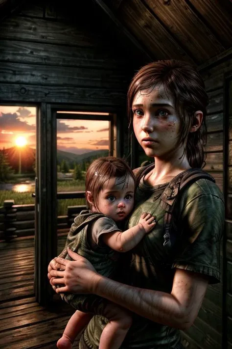 highres, masterpiece,  cinematic lighting, TLOUEllie, 1girl, 20 year old, charging a baby, standing, serious face, multiple pose, ((Cabin outdoors sunset background:1.1)) <lora:TLOUEllie:0.7> <lora:more_details:1>
, (top quality:1.5), (masterpiece:1.5), (u...