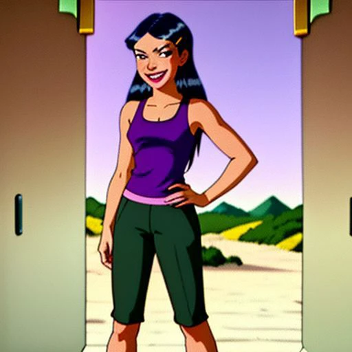 <lora:TotallySpies-18:1>, 1girl, solo, Mandy, long hair,  black hair, hair ornament, hairclip, makeup, lipstick, purple eyes, mole under eye, smile, green tank top, khaki capris