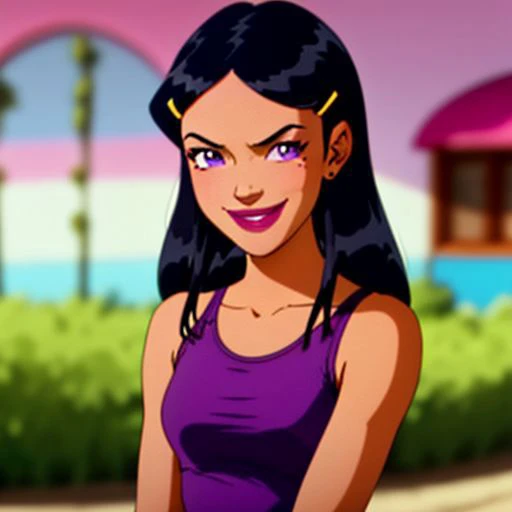 <lora:TotallySpies-18:1>, 1girl, solo, Mandy, long hair,  black hair, hair ornament, hairclip, makeup, lipstick, purple eyes, mole under eye, smile, green tank top, khaki capris