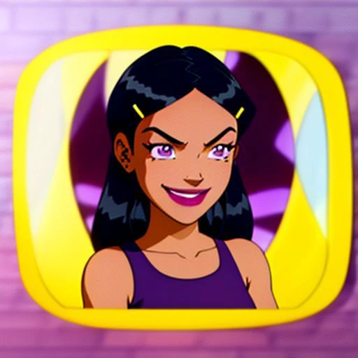 <lora:TotallySpies-18:1>, 1girl, solo, Mandy, long hair,  black hair, hair ornament, hairclip, makeup, lipstick, purple eyes, mole under eye, smile, green tank top with a single line being yellow in color with small cut-out sections going down the center, ...