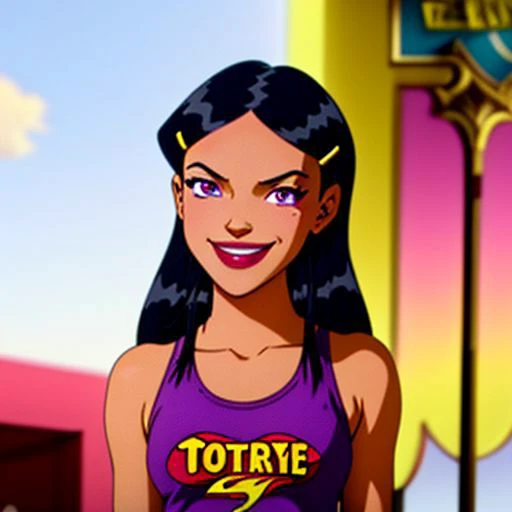 <lora:TotallySpies-18:1>, 1girl, solo, Mandy, long hair,  black hair, hair ornament, hairclip, makeup, lipstick, purple eyes, mole under eye, smile, green tank top, khaki capris