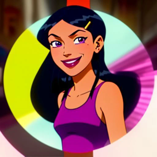 <lora:TotallySpies-18:1>, 1girl, solo, Mandy, long hair,  black hair, hair ornament, hairclip, makeup, lipstick, purple eyes, mole under eye, smile, green tank top with a single line being yellow in color with small cut-out sections going down the center, ...