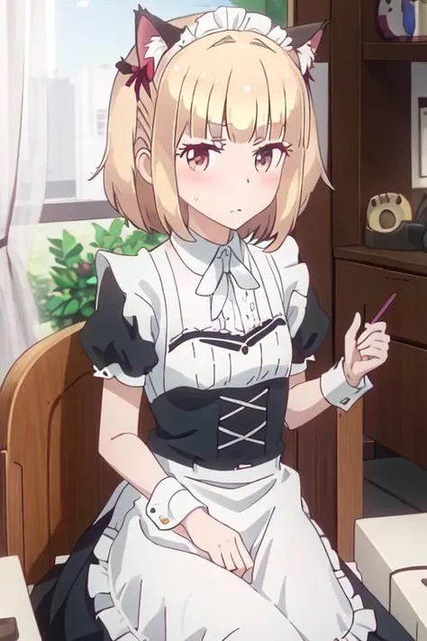 best quality, masterpiece, highres, solo, {iijima_yun_newgame:1.15}, blonde_hair, short_hair, blush, two_side_up, ribbon, bangs, hair_ribbon, 1girl, animal_ears, cat_ears, fake_animal_ears, maid, maid_headdress, sweatdrop, looking_at_viewer