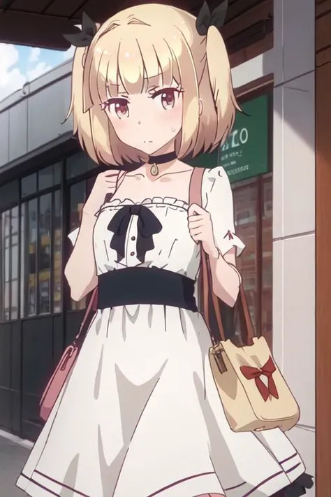 best quality, masterpiece, highres, solo, {iijima_yun_newgame:1.15}, blonde_hair, short_hair, blush, two_side_up, ribbon, bangs, hair_ribbon, 1girl, bag, choker, collarbone, dress, handbag, bow, sweatdrop, upper_body