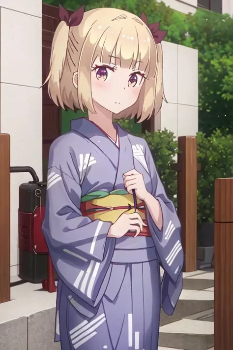 best quality, masterpiece, highres, solo, {yukata:1.40}, {kimono:1.20}, {iijima_yun_newgame:1.15}, blonde_hair, short_hair, blush, two_side_up, ribbon, bangs, hair_ribbon