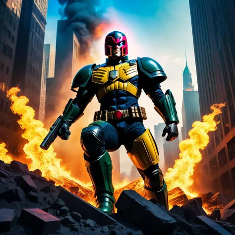 judge dredd, dark fantasy, dynamic pose, superhero, burning city  (ultra-detailed), (masterpiece), (best_quality), (cinematic_lighting), (vibrant_colors)