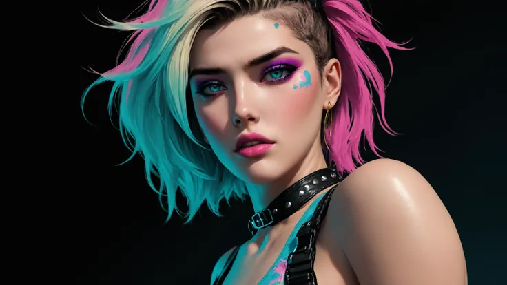 a woman with pink and blue hair and a black top