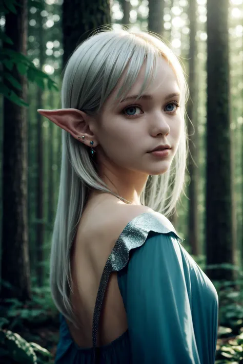 a woman with a elf ear and a blue dress in the woods