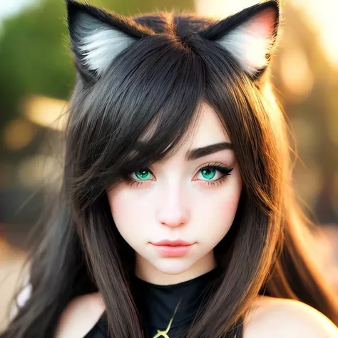 a close up of a woman with long hair wearing a cat ear