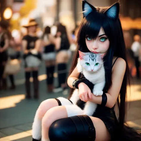 anime girl with black hair and cat ears sitting on a bench