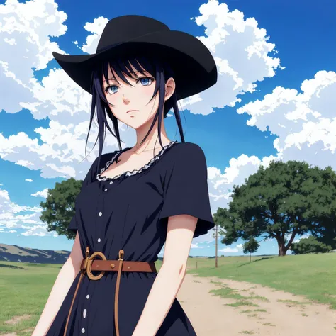 (anime style, 2d, anime coloring), 1girl, cowboy shot, from front, black_hair, darkblue eyes, medium_hair, cloudy, sunny, outdoors, dress, nature, looking at viewer,  upper body, beautiful girl, beautiful face, sky background