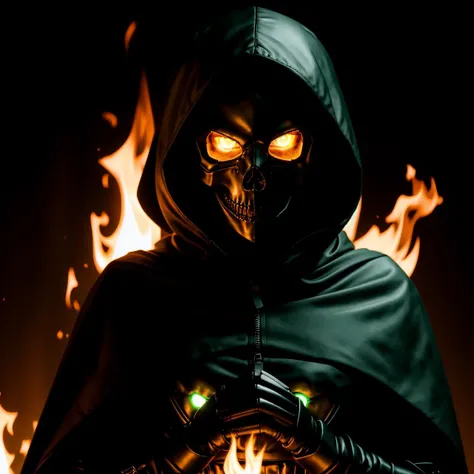 solo, green eyes, skeleton 1girl, upper body, girl focus, skull face, hood, mask, skeleton head, glowing, fire, black background, gauntlets, cloak, 1other, hood up