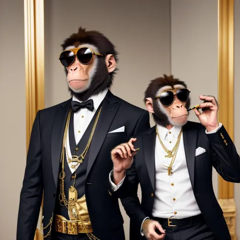 a (monkey:1.2) as a gangster with sunglasses and gold necklace, and cigarette in hand, wearing a suit