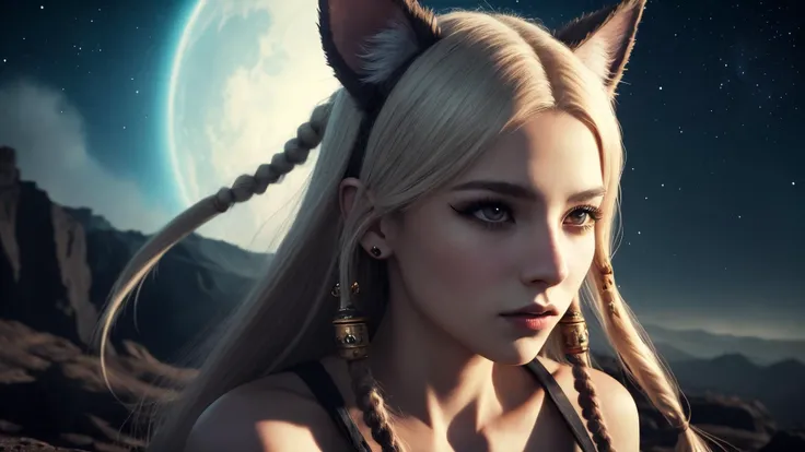 best quality, masterpiece, of a female, dressed as a Oracle, with platinum hair, with a female Dreadlock mohawk hairstyle, wearing a animal ears, close-up, fighting, In a dark abyss where stars are born and cosmic entities dwell,, realistic, concept art, c...