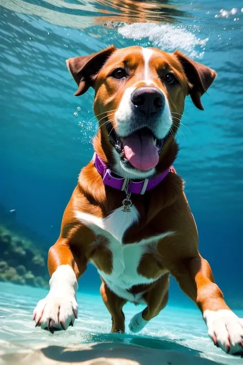 high quality, masterpiece, 1dog, swimming towards camera, underwater,