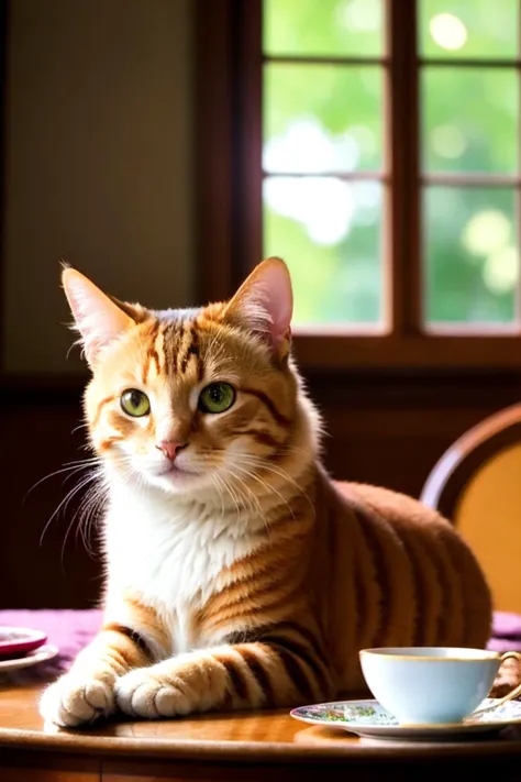 there is a cat sitting on a table with a cup and saucer