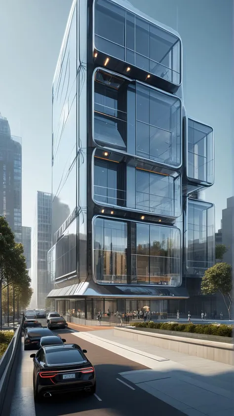 a rendering of a building with a glass facade and a street