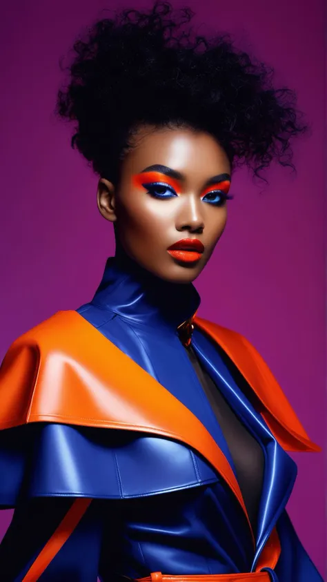 a woman with a bright blue and orange outfit and a red cape