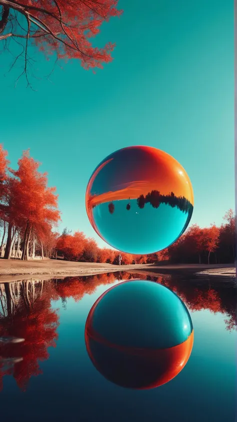 a close up of a large blue and orange ball floating on a lake