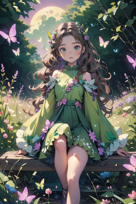 highres, masterpiece, perfect lighting, bloom, cinematic lighting, young adult, female, 1girl, moon light, solo, Light brown hair, long hair, nature, (Spring green dress:1.3), colorful Pastel Purple flowers, (flowers:1.2), butterfly style, wide sleeves, wi...