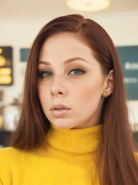 a close up of a woman with long hair wearing a yellow turtle neck sweater