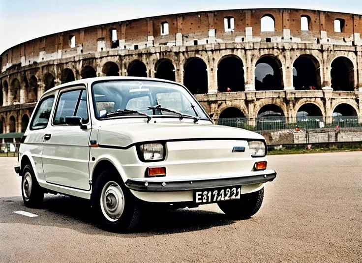 photo of fiatntwsxp car <lora:locon_fiatonetwosixp_v1_from_v1_64_32:1> , in rome, in front of coloseum, by Henri Cartier-Bresson, bohek, hasselblad, epic professional photography, sports illustrated, camel trophy photo