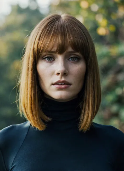 a close up of a woman with a black turtle neck top