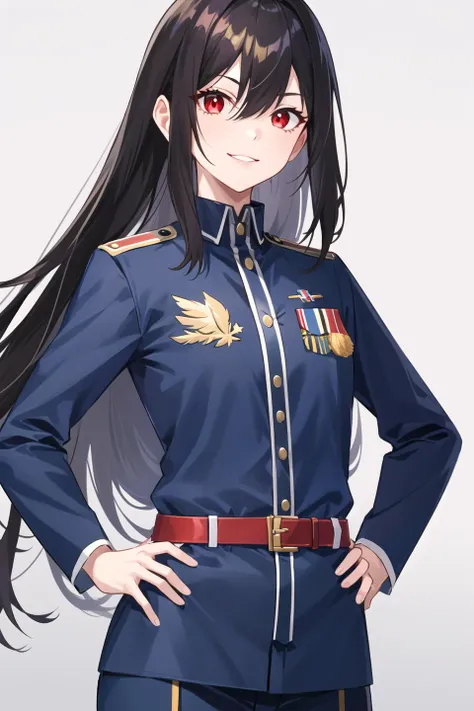 1girl, bangs, belt, black_hair, brown_hair, eyebrows_visible_through_hair, hair_between_eyes, hand_in_pocket, hand_on_hip, hands_on_hips, long_hair, long_sleeves, looking_at_viewer, military, military_uniform, necktie, red_eyes, smile, solo, uniform, upper...