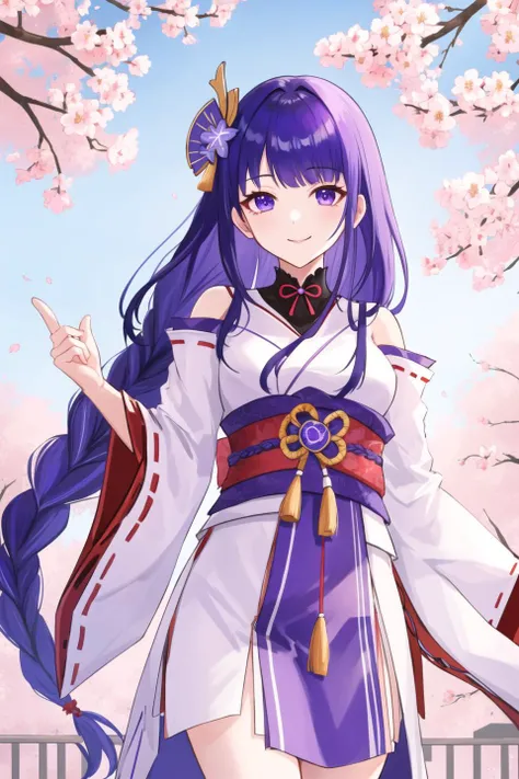 cherry_blossoms, outdoors, day, spring_(season), closed_mouth, looking_at_viewer, 1girl, raidenshogun, hair ornament, ornament, miko, japanese clothes, braid, smile <lora:raidenShogunGenshinImpact_v10:0.7> <lora:style_MihoyoT0:1>