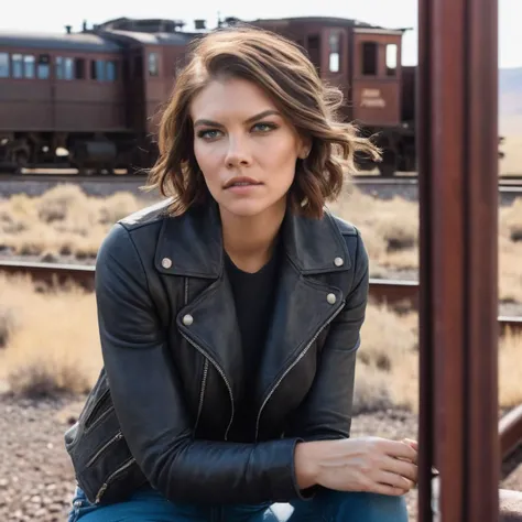 lauren_cohan, <lora:LaurenCohanXL:1>,Portrait of a woman, (close up),upper body, (( turtleneck sweater, leather jacket, blue jeans)), sitting in front of a old western train station, abandoned train station, desert, old steam train passing by, steam cloud,...