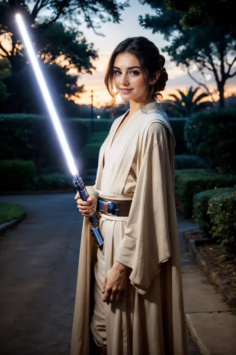 <lora:Lily:.7>, blue eyes, long brow hair, brown jedi robes,looking at viewer, smiling, standing, holding lightsaber, blue beam, outside, park, trees, dark, night time, high quality, masterpiece,
<lora:LightSaber:.8>