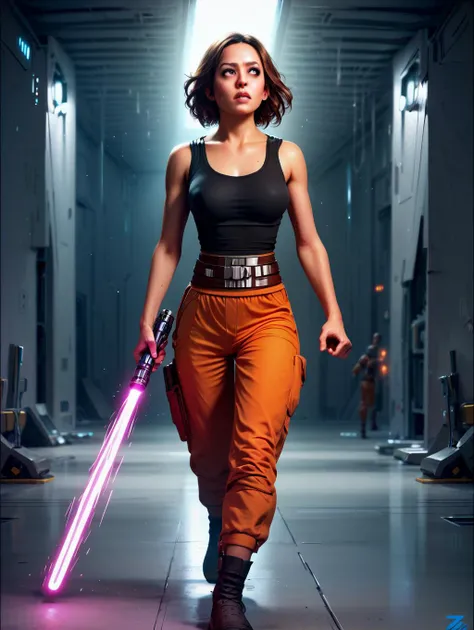 score_9, score_8_up, score_7_up, score_6_up,score_5_up, 1girl, slender, medium hair, brown hair, brandy-brown eyes, black tank top, looking to the side, running, orange jumpsuit, tied at the waist, science fiction, white hallway, laser blasts, holding weap...