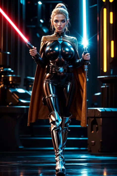 a woman in a black outfit and a red light saber