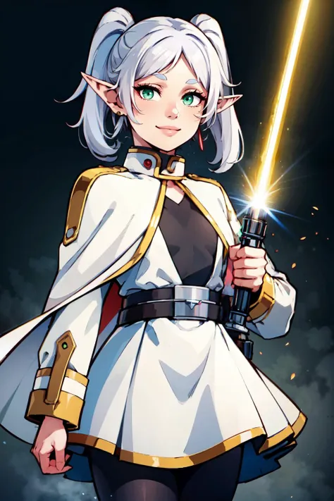 a woman in a white dress holding a sword and a light saber