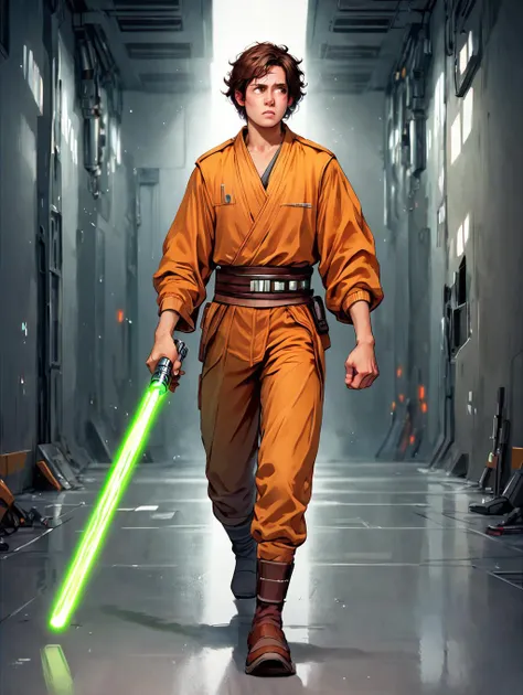 a man in a jedi costume walking down a hallway with a green light saber