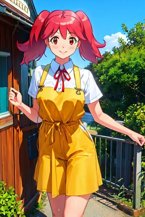 anime girl in yellow dress standing outside of a house