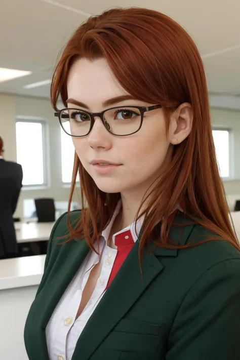 looking at viewer, close up, portrait, parted lips,
sablynn, 1girl, lips, medium red hair, brown eyes, breasts, office receptionist,, green suit, dress shirt, glasses, 
realistic, indoors, office space, reception,
<lora:Sabrina_Lynn_v6_XL-04:0.8>