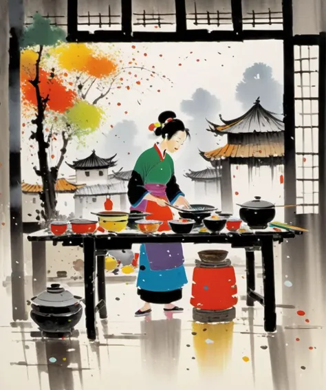 <lora:Wu Guanzhong Style:1>Wu Guanzhong Style - A beautiful painting by Wu Guanzhong, Traditional Chinese colorful Ink ,   A highly detailed mother in her kitchen preparing meal, window sunny day, happy, smiling,