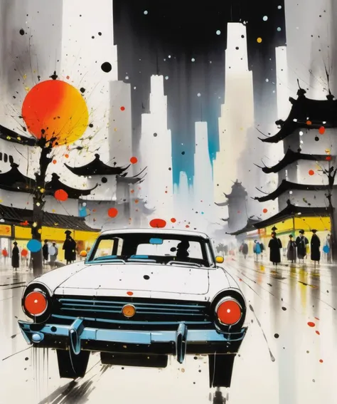 <lora:Wu Guanzhong Style:1>Wu Guanzhong Style - A beautiful painting by Wu Guanzhong, Traditional Chinese colorful Ink ,   white and brass science fiction hovering industrial luxury car by a downtown hotel, science fiction, night time, volumetric light, du...