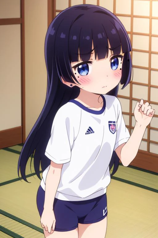 masterpiece, best quality,ultra detail,girl,blue eyes,ruri gokou, long hair, black hair, mole, mole under eye, hime cut, <lora:ruri gokou s2-lora-nochekaiser:0.7>blush,shy,training wear,long jersey, indoor,japanese room