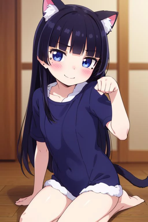 masterpiece, best quality,ultra detail,girl,blue eyes,ruri gokou, long hair, black hair, mole, mole under eye, hime cut, <lora:ruri gokou s2-lora-nochekaiser:0.7>blush,shy,cat costume,evil smile,paw pose