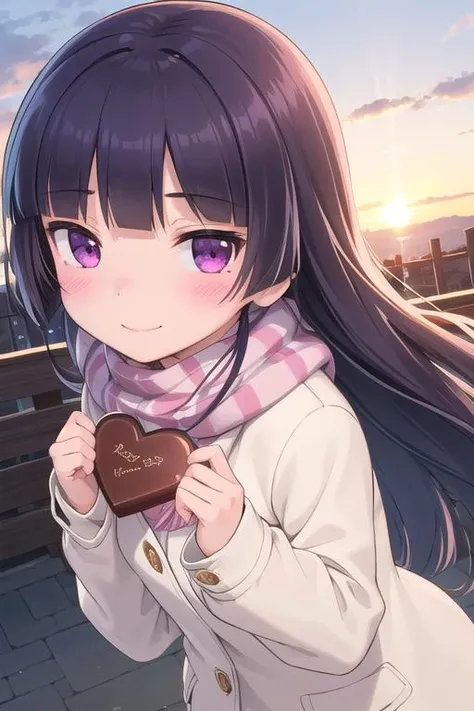 masterpiece,best quality,ultra detail, 1girl, gokou ruri,petite,winter outfit,longhair,presenting chocolate,heart,shy,blush,looking at viewer,smile,from above,large chocolate <lora:ruri gokou s2-lora-nochekaiser:0.7>outdoor,winter,sunset,close up