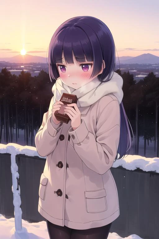 masterpiece,best quality,ultra detail, 1girl, gokou ruri,petite,winter outfit,presenting chocolate,heart,shy,blush,looking away,from above,large chocolate <lora:ruri gokou s2-lora-nochekaiser:0.7>outdoor,winter,sunset