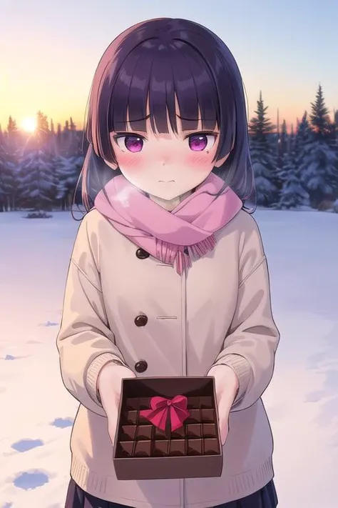 masterpiece,best quality,ultra detail, 1girl, gokou ruri,petite,winter outfit,presenting chocolate,heart,shy,blush,looking away,from above,large chocolate <lora:ruri gokou s2-lora-nochekaiser:0.7>outdoor,winter,sunset,close up