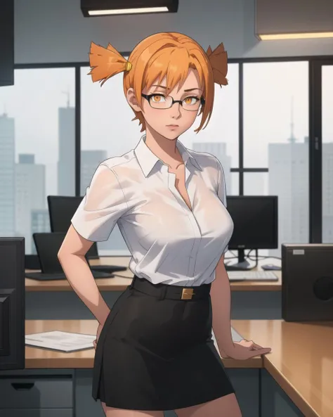 masterpiece, best quality, orange eyes, 1girl, female, orange hair, short hair, short twintails, black official skirt, white buttoned shirt, glasses, standing, indoors, office, cowboy shot, <lora:AliceLoraV1:0.8>