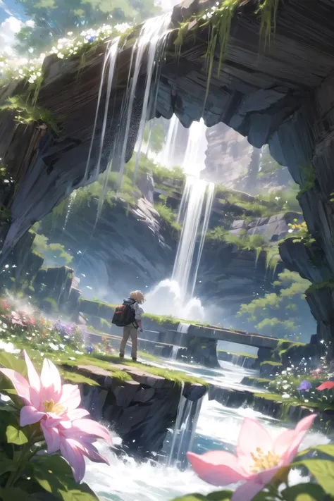 (best quality, ultra detailed), fantasy, rpg, landscape, idyllic, gap, (dutch angle:0.8), 1girl, adventurer, backpack, pants, short hair, sky, natural tunnel in the cliff, waterfall, wind, flower garden, blizzard of flowers, <lora:add_detail:0.5>