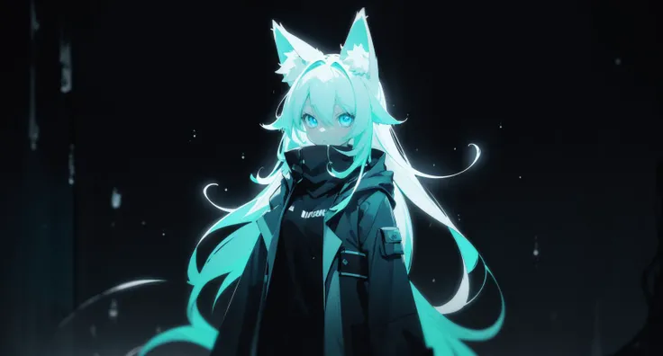 dark theme, (neon light, high contrast:1.2), hdr, chiaroscuro, texture, stylish, simple background, black background, (Cyan:1.2), yellow, 1girl, rain coat, somber, fox ears, animal ear fluff