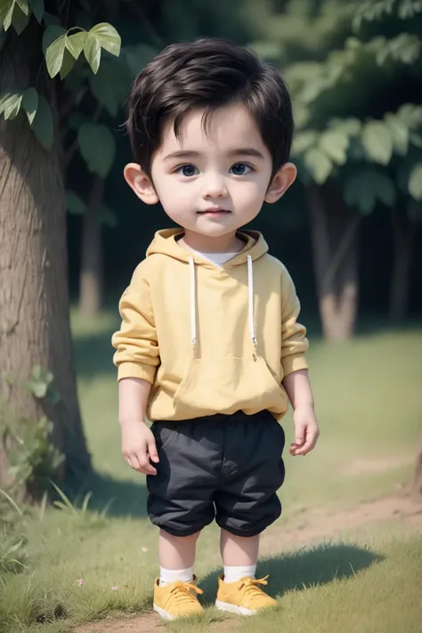 a close up of a small child wearing a yellow hoodie