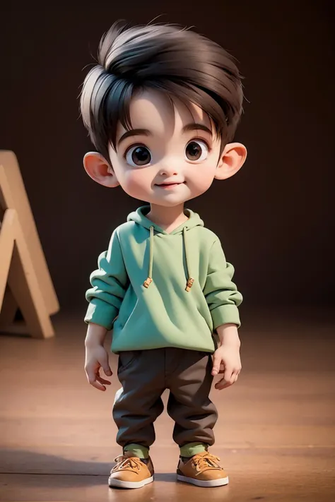 a cartoon boy with a green hoodie and brown pants