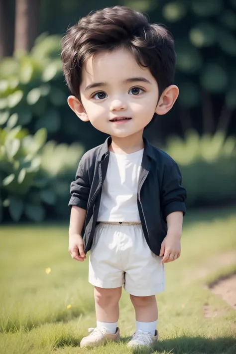 a close up of a small child standing in the grass